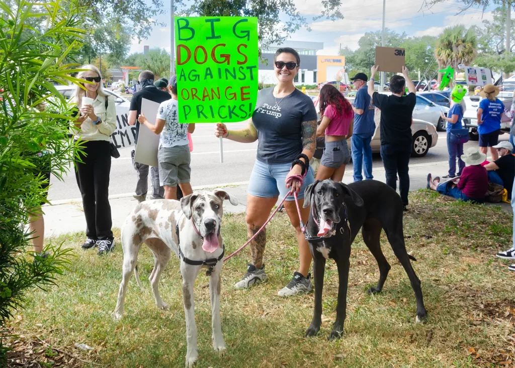 Rally goers and No Kings sign
